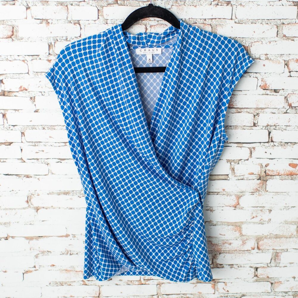 CHAUS New York Womens M Blue White Geometric Wrap Front Ruched Cap Sleeve Top